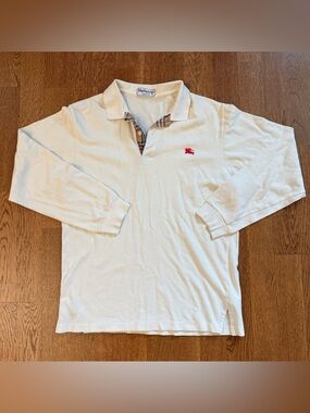 Vintage Burberrys Long Sleeve Polo Shirt Nova Check Cream Beige Men Large Cotton